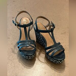 Clarks Black Wedge Sandals with Metallic Detail